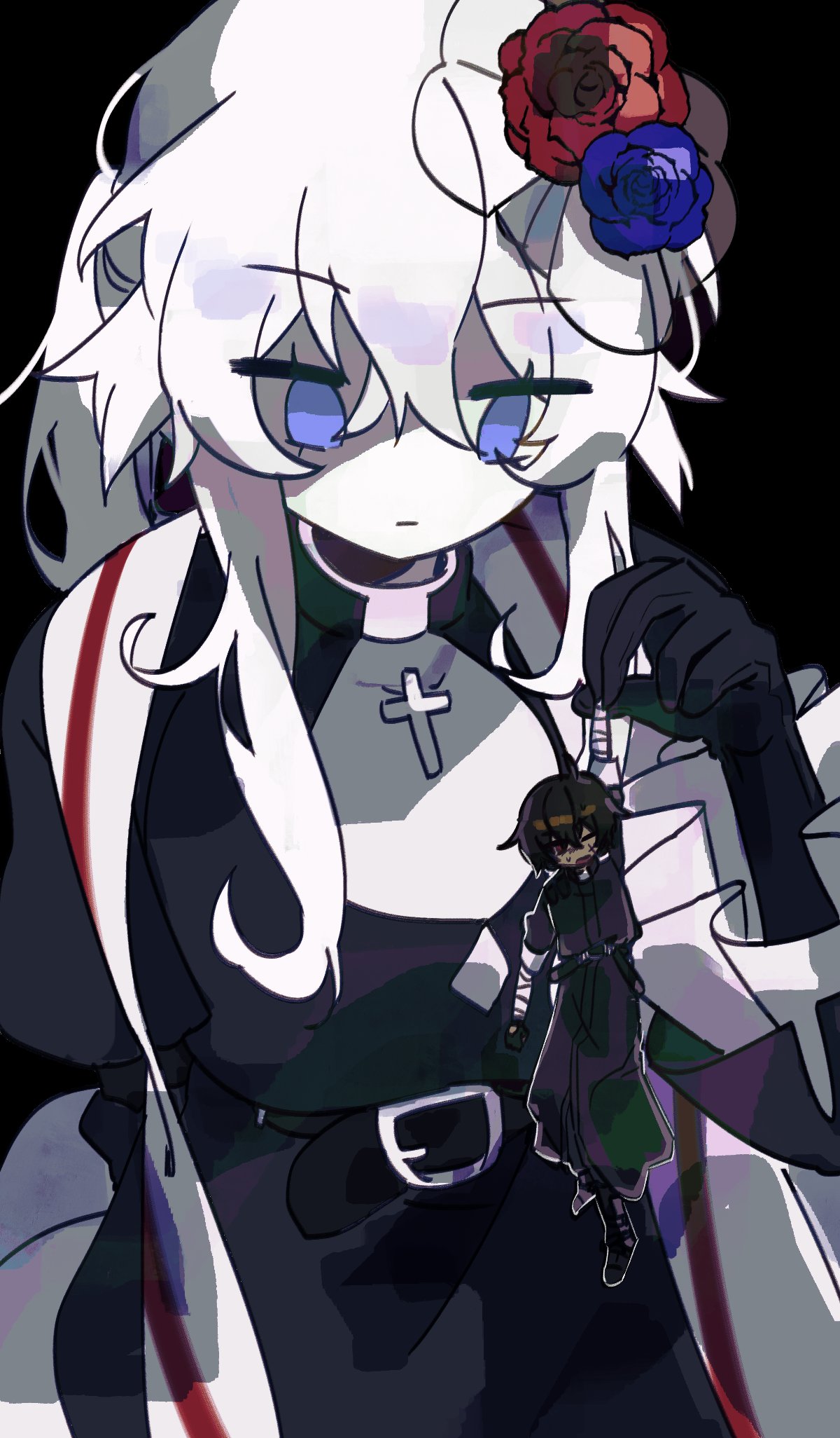 1boy, 1girl, bandaged_arm, bandages, belial_(happy_saint_sheol), belt, black_background, black_dress, black_gloves, black_hair, blue_eyes, dark-skinned_male, dark_skin, dress, expressionless, flower, gloves, hair_flower, hair_ornament, haku_eckaran, happy_saint_sheol, highres, looking_down, ponytail, qcu_ssn, shaded_face, sidelocks, turtleneck, white_dress, white_hair