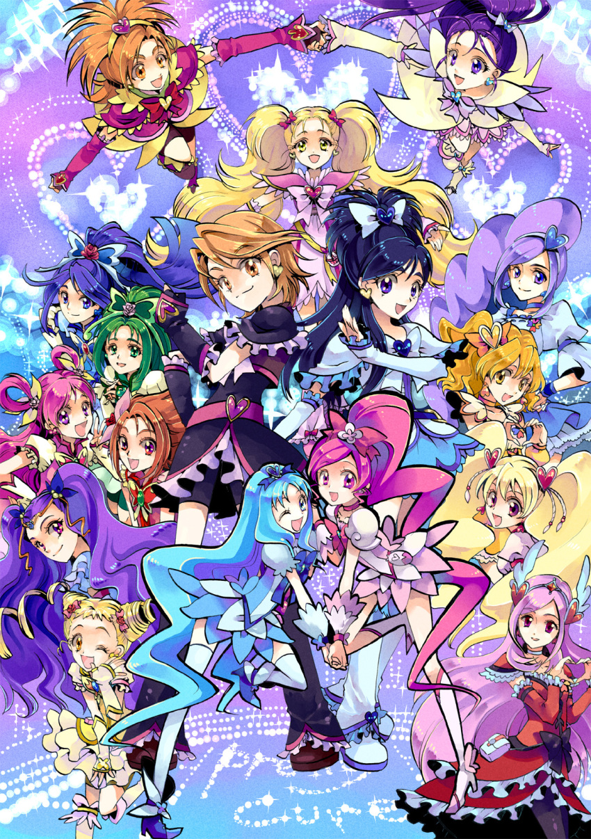 aono_miki, black_hair, blonde_hair, brown_hair, butterfly_hair_ornament, cure_aqua, cure_berry, cure_black