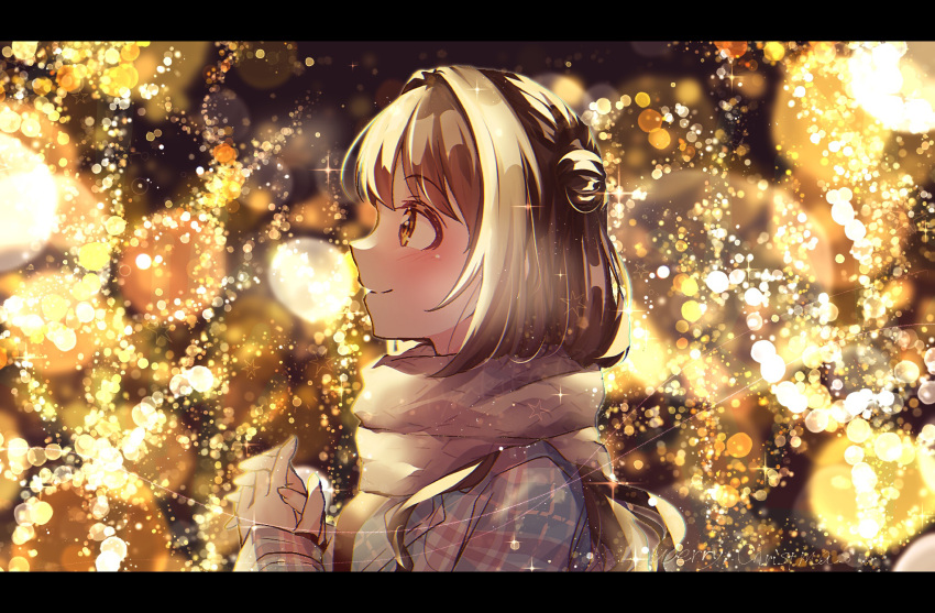 1girl, blurry, blurry_background, blush, bokeh, brown_eyes, brown_hair, depth_of_field