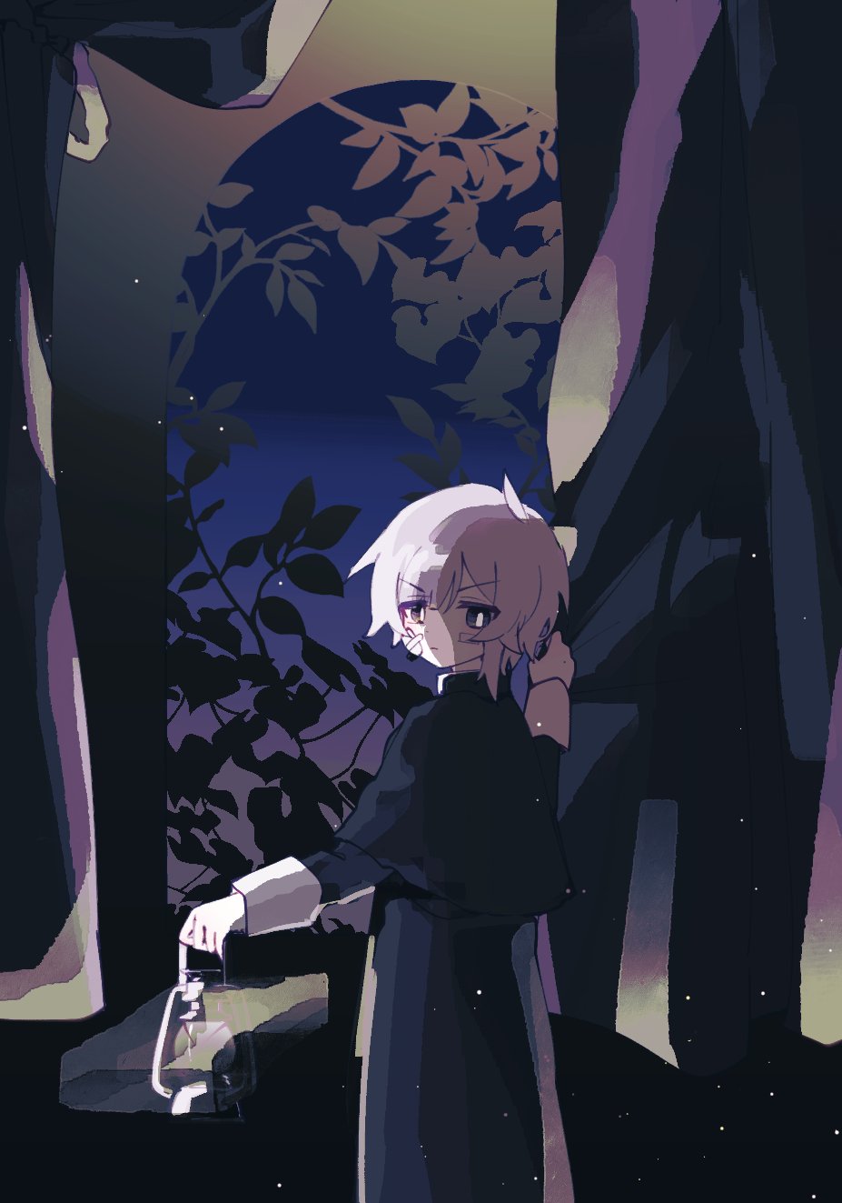 >:(, 1boy, androgynous, asymmetrical_hair, bandaid, bandaid_on_face, black_capelet, bright_pupils