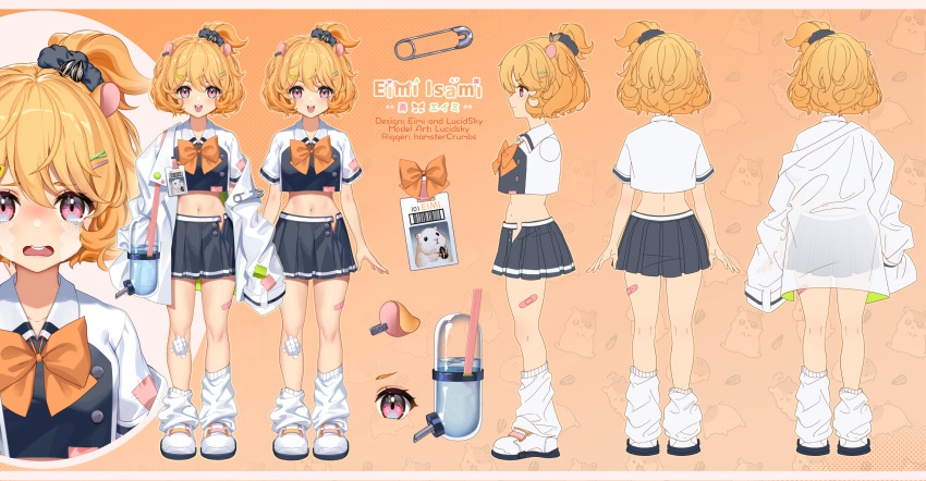 1girl, animal_ears, asymmetrical_hair, baggy_socks, bandaid, bandaid_on_leg, black_skirt, bottle, breasts, character_name, choppy_bangs, crying, earclip, eimi_isami, expressions, hair_ornament, hair_scrunchie, hairclip, hamster_ears, hamster_girl, high_ponytail, highres, id_card, lab_coat, looking_at_viewer, lucidsky, medium_breasts, multiple_views, navel, neckerchief, official_art, orange_background, orange_hair, orange_neckerchief, orange_ribbon, oversized_clothes, paperclip, patchwork_clothes, phase_connect, pink_eyes, pleated_skirt, reference_sheet, ribbon, safety_pin, school_uniform, scrunchie, seed, shoes, short_hair, side_ponytail, skirt, sneakers, sunflower_seed, unbuttoned, virtual_youtuber, water_bottle, wavy_hair, white_footwear
