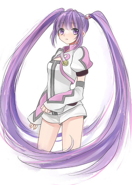 bad_id, bolero, detached_sleeves, hama_(sleeps), hot_pants, long_hair, purple_eyes, purple_hair