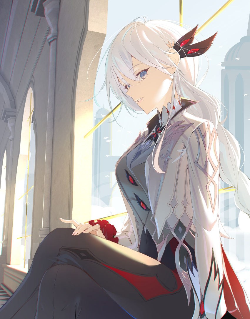 1girl, absurdres, apc556_(girls'_frontline), arlecchino_(genshin_impact), arlecchino_(genshin_impact)_(cosplay), black_pants, blue_eyes, commission