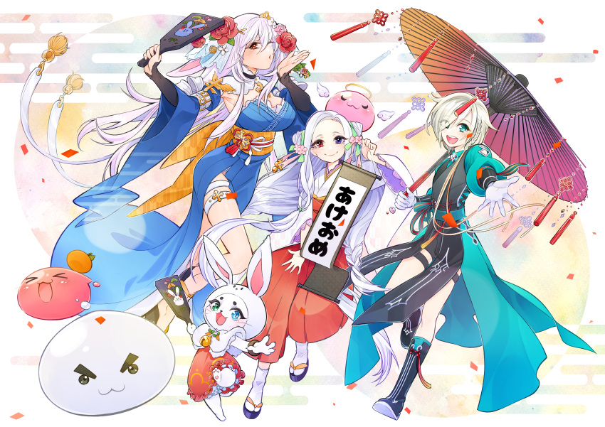1boy, 3girls, :d, absurdres, adapted_costume, angel, animal_ears, animal_hands, animal_hood, armpits, barefoot, black_footwear, black_shorts, black_vest, blue_eyes, blue_kimono, blue_sleeves, blush, boots, braid, breasts, cardinal_(ragnarok_online), cat_girl, closed_mouth, coat, coattails, commentary_request, cone_hair_bun, cross, detached_sleeves, double_bun, eclipse_(ragnarok_online), egasumi, eyes_visible_through_hair, flat_chest, floppy_ears, flower, food, fruit, full_body, furry, furry_female, green_coat, green_eyes, grey_hair, hagoita, hair_between_eyes, hair_bun, hair_flower, hair_ornament, hair_over_one_eye, hakama, hakama_skirt, halo, heterochromia, highres, holding, holding_paddle, holding_scroll, hood, japanese_clothes, juliet_sleeves, kimono, large_breasts, long_bangs, long_hair, long_sleeves, looking_at_viewer, low_twin_braids, lunatic_(ragnarok_online), mandarin_orange, miko, multiple_girls, new_year, noxxia39, obi, oil-paper_umbrella, one_eye_closed, open_mouth, oscar_(ragnarok_online), paddle, pink_flower, pink_hair, pope_(ragnarok_online), poring, puffy_long_sleeves, puffy_sleeves, purple_umbrella, rabbit_ears, rabbit_hood, ragnarok_online, reaching, reaching_towards_viewer, red_eyes, red_flower, red_skirt, round_teeth, sandals, sash, scroll, short_hair, shorts, side_braid, single_braid, skirt, slime_(creature), smile, summoner_(ragnarok_online), tabi, teeth, thigh_strap, twin_braids, umbrella, upper_teeth_only, veil, very_long_hair, vest, violet_eyes, white_flower, white_gorilla_(okamoto), white_hair, white_kimono, wide_sleeves, yagasuri, yellow_sash, zouri