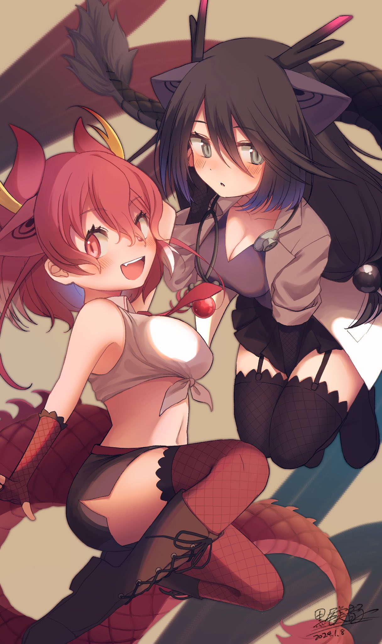 2girls, animal_ears, black_dragon_(kemono_friends), black_hair, boots, coat, dragon_girl, dragon_horns
