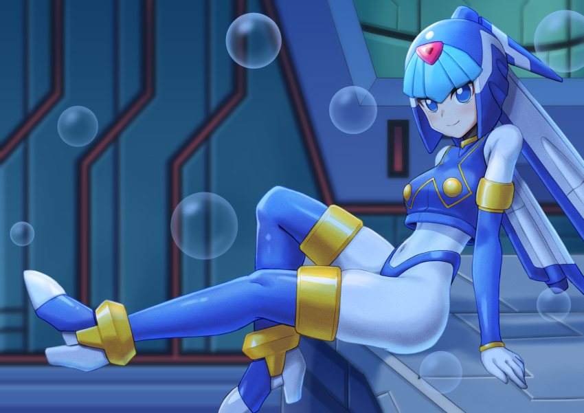 1girl, android, blue_eyes, blue_headwear, bodysuit, covered_navel, crop_top, els_(ljhlee12)
