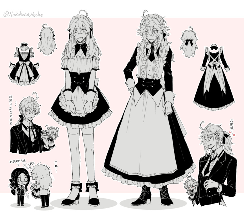 1girl, 2boys, ahoge, alternate_costume, ankle_garter, apron, arm_at_side, artist_name