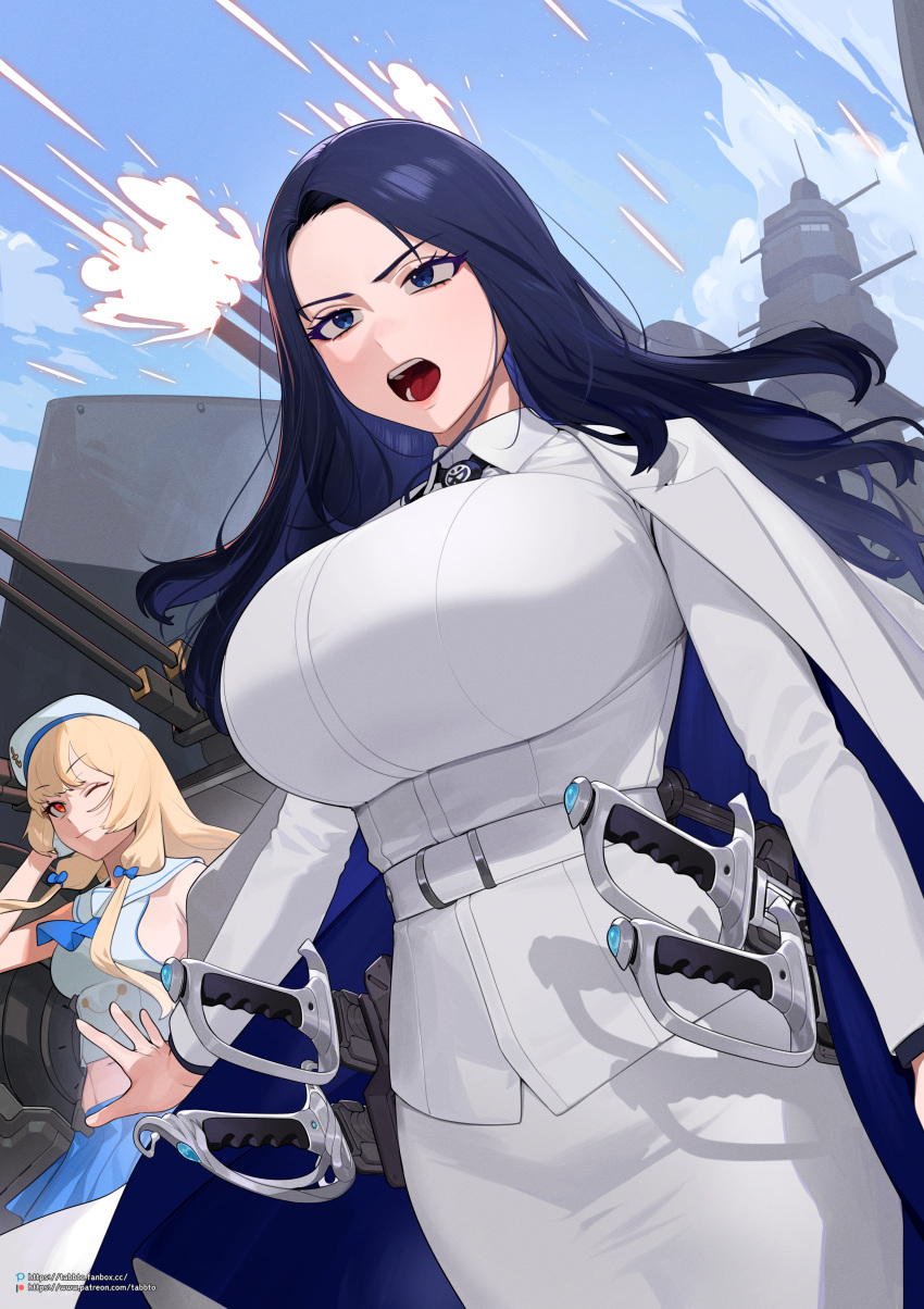 2girls, absurdres, blonde_hair, blue_eyes, blue_hair, blue_skirt, blue_sky, breasts