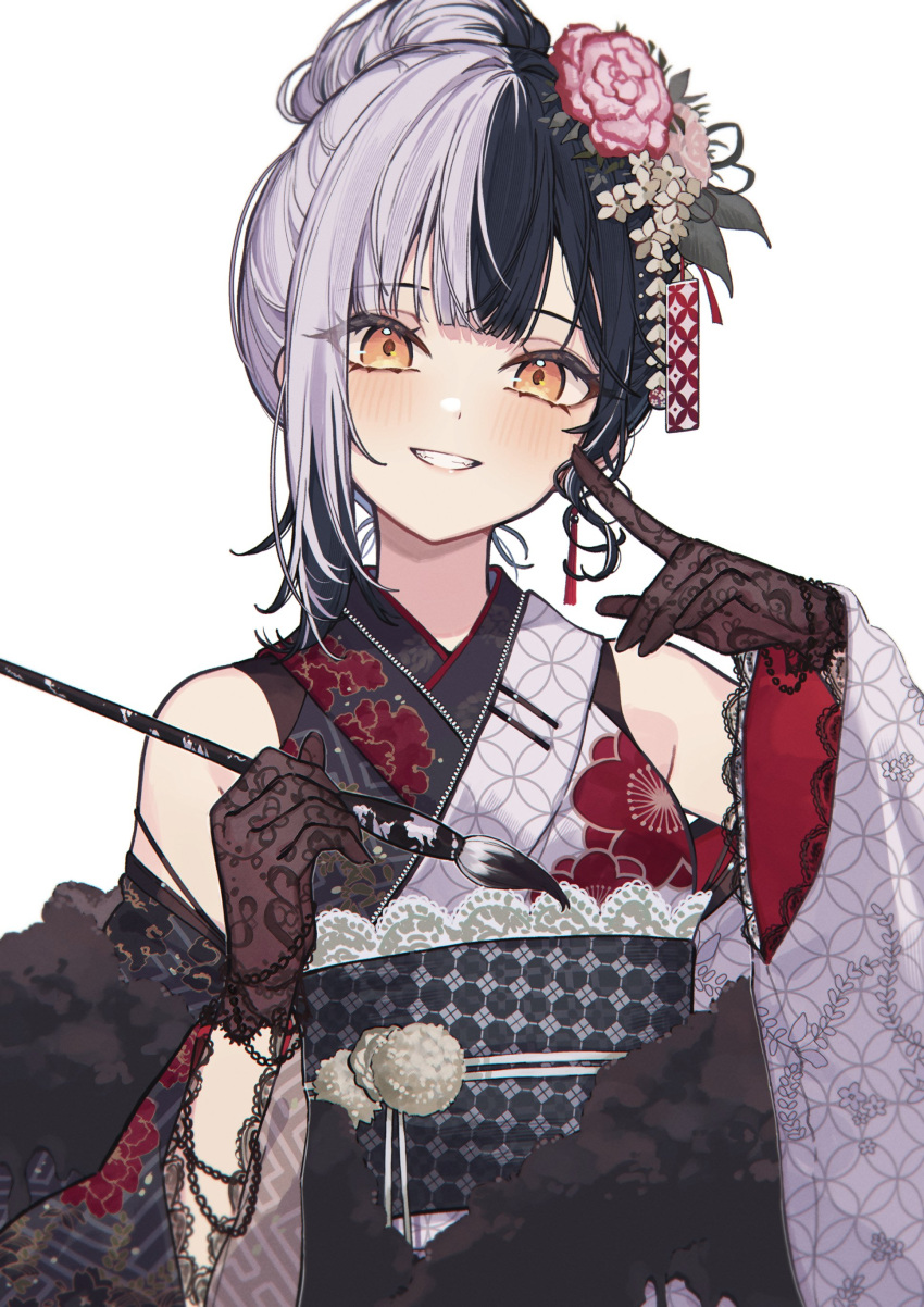 1girl, absurdres, black_hair, blush, floral_print_kimono, flower, gloves, grey_hair, grin, hair_bun, hair_flower, hair_ornament, highres, holding, holding_brush, hololive, hololive_english, japanese_clothes, kimono, lace, lace-trimmed_gloves, lace-trimmed_kimono, lace_gloves, lace_trim, looking_at_viewer, multicolored_hair, official_alternate_costume, shiori_novella, shiori_novella_(new_year), smile, solo, split-color_clothes, split-color_hair, teeth, tsukino_(nakajimaseiki), two-tone_hair, two-tone_kimono, virtual_youtuber, yellow_eyes