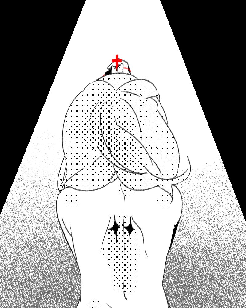 1girl, bare_back, cross, from_behind, happy_saint_sheol, holding, holding_cross, maya_elbeth