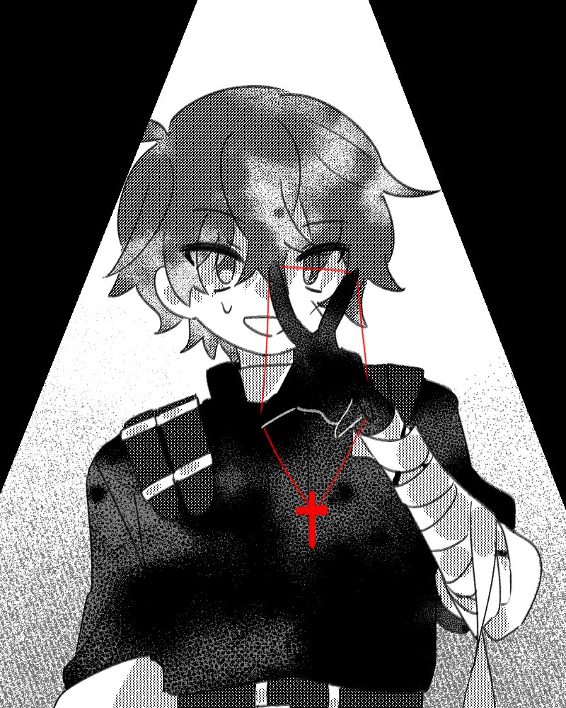 1boy, bandaged_arm, bandages, belial_(happy_saint_sheol), belt, between_fingers, black_gloves, black_hair