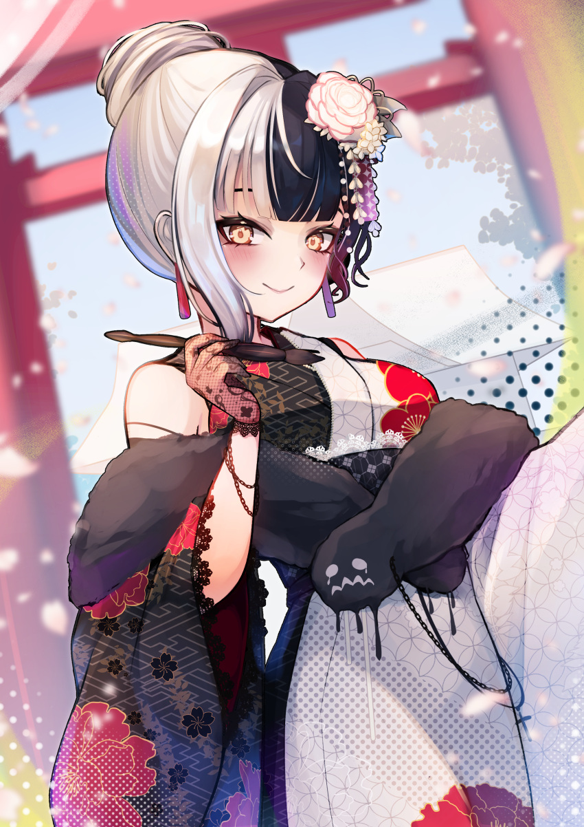 1girl, absurdres, blush, flower, gloves, hair_bun, hair_flower, hair_ornament, highres, holding_calligraphy_brush, hololive, hololive_english, hoshino_aoi_(la_huynh_hai_than), japanese_clothes, kimono, lace-trimmed_gloves, lace_trim, looking_at_viewer, medium_hair, multicolored_hair, official_alternate_costume, shiori_novella, shiori_novella_(new_year), single_hair_bun, sleeveless, sleeveless_kimono, smile, solo, split-color_hair, two-tone_kimono, virtual_youtuber, yellow_eyes, yorick_(shiori_novella)