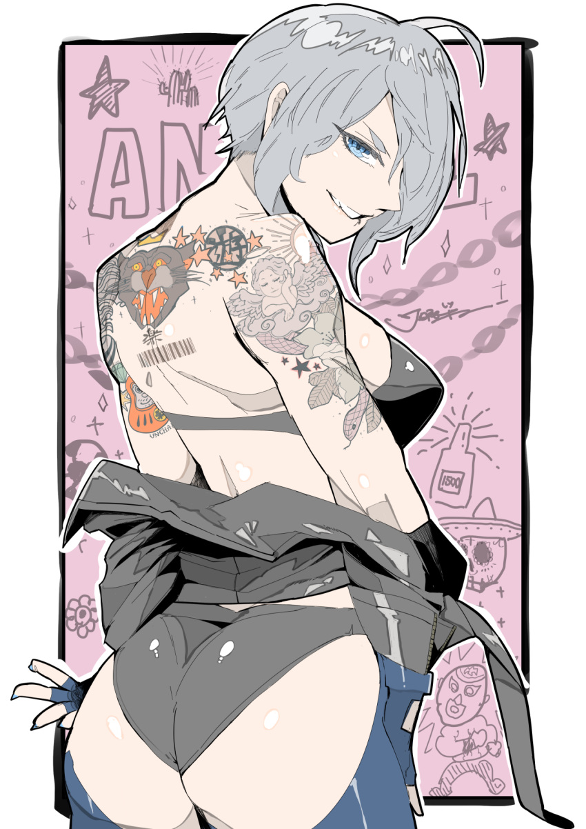 angel_(kof), backless_pants, character_name, fingerless_gloves, gloves, hair_over_one_eye, hat, highres