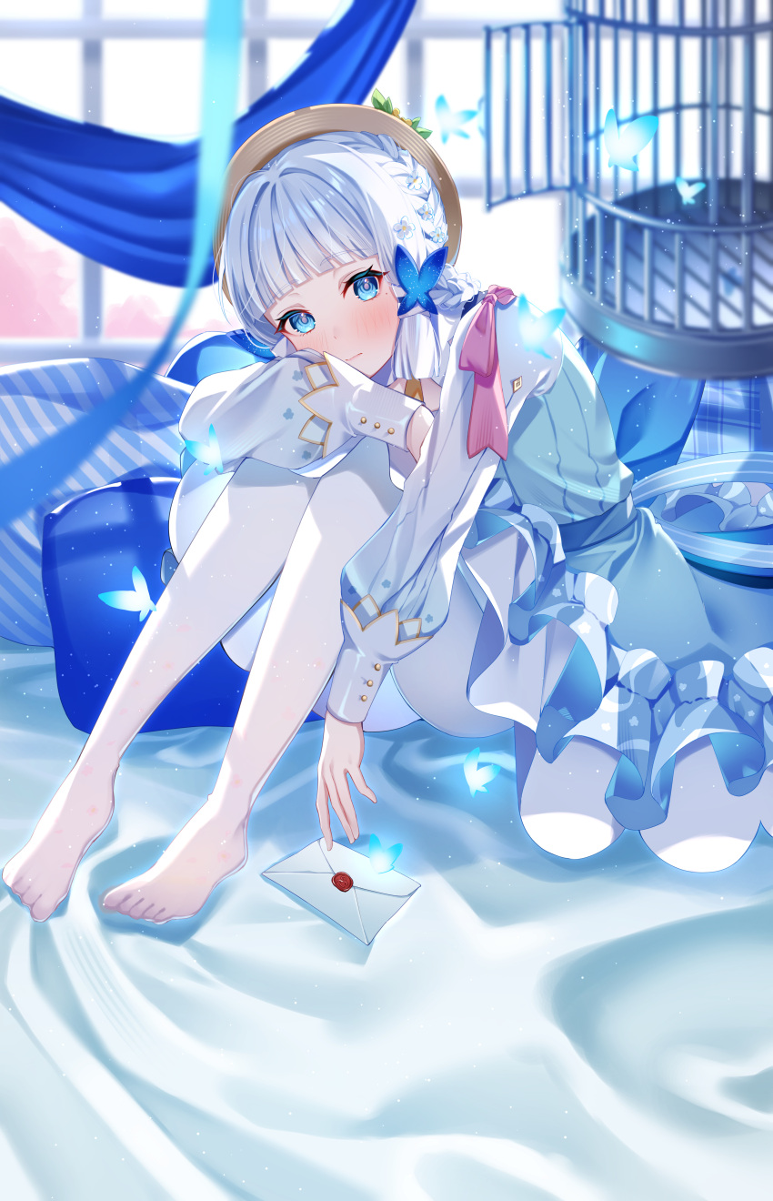 1girl, absurdres, back_bow, birdcage, blue_bow, blue_dress, blue_eyes, blue_hair