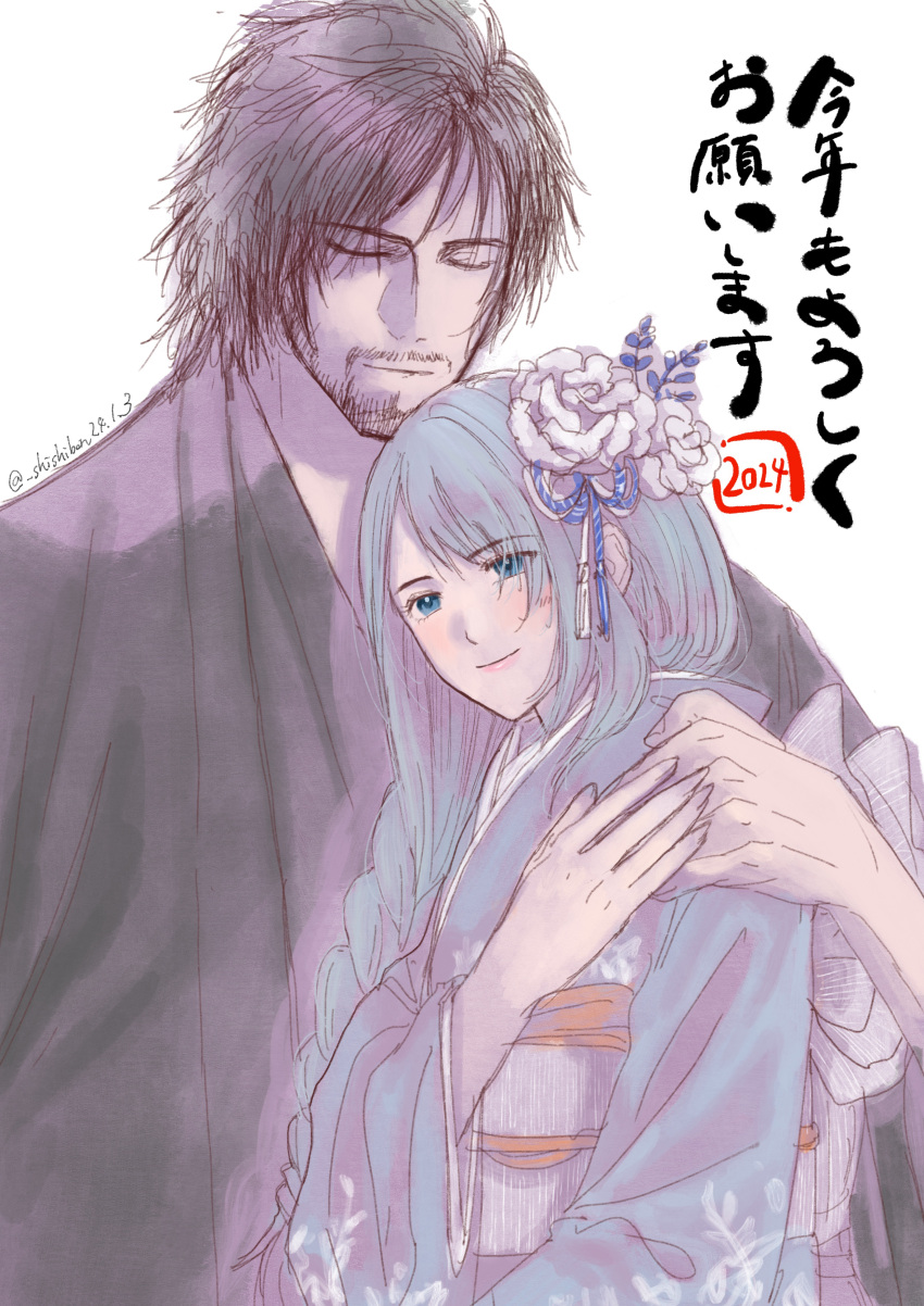 1boy, 1girl, absurdres, beard, black_hair, bonbonboon, braid, clive_rosfield