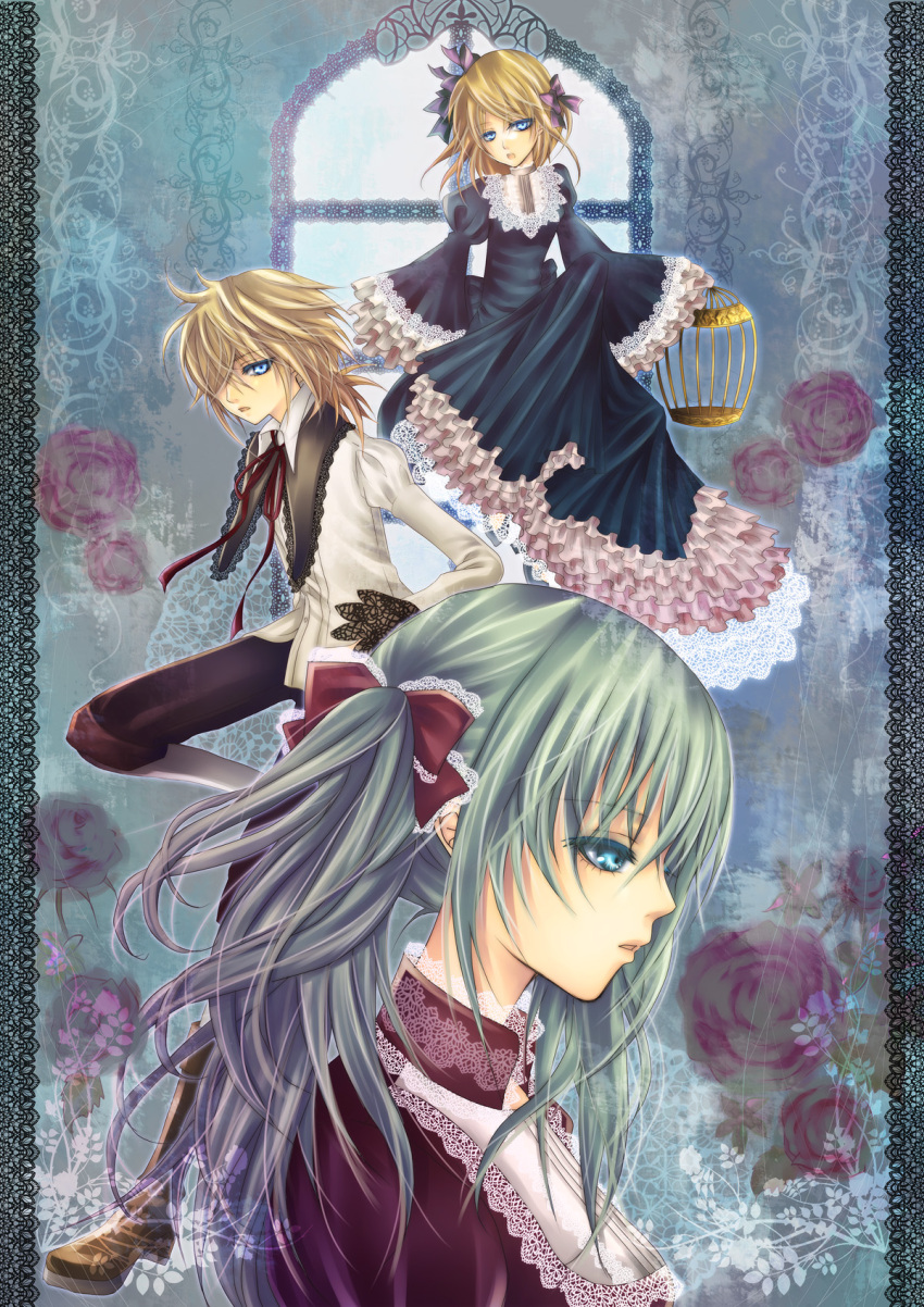 birdcage, blonde_hair, blue_eyes, bow, cage, dress, flower, formal