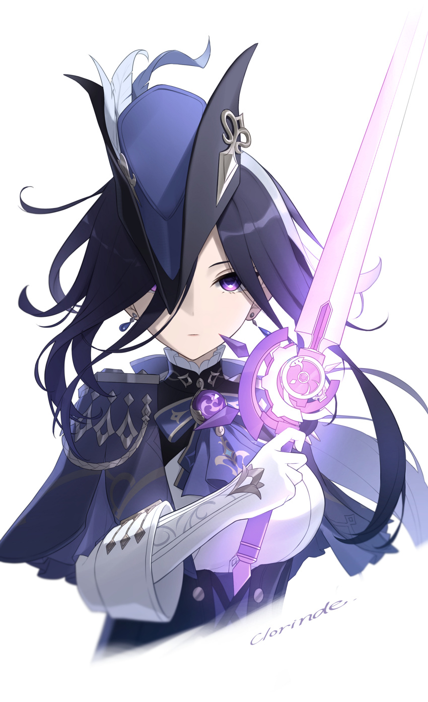 1girl, absurdres, black_hair, blue_headwear, breasts, clorinde_(genshin_impact), closed_mouth, commentary_request, cropped_torso, epaulettes, expressionless, genshin_impact, gloves, hat, hat_feather, highres, holding, holding_sword, holding_weapon, iron_sting_(genshin_impact), long_hair, long_sleeves, looking_at_viewer, neneko_sleep, parted_bangs, simple_background, sketch, solo, sword, tricorne, upper_body, violet_eyes, weapon, white_background, white_gloves