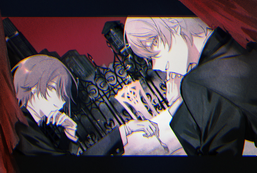 2boys, alternate_eye_color, black_jacket, building, chair, city, collared_shirt, commentary_request