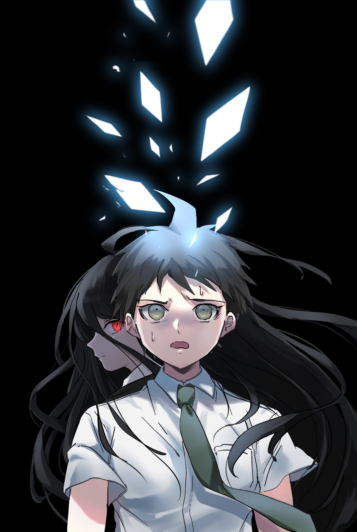 2boys, ahoge, black_hair, breast_pocket, brown_eyes, collared_shirt, d:, danganronpa_(series)