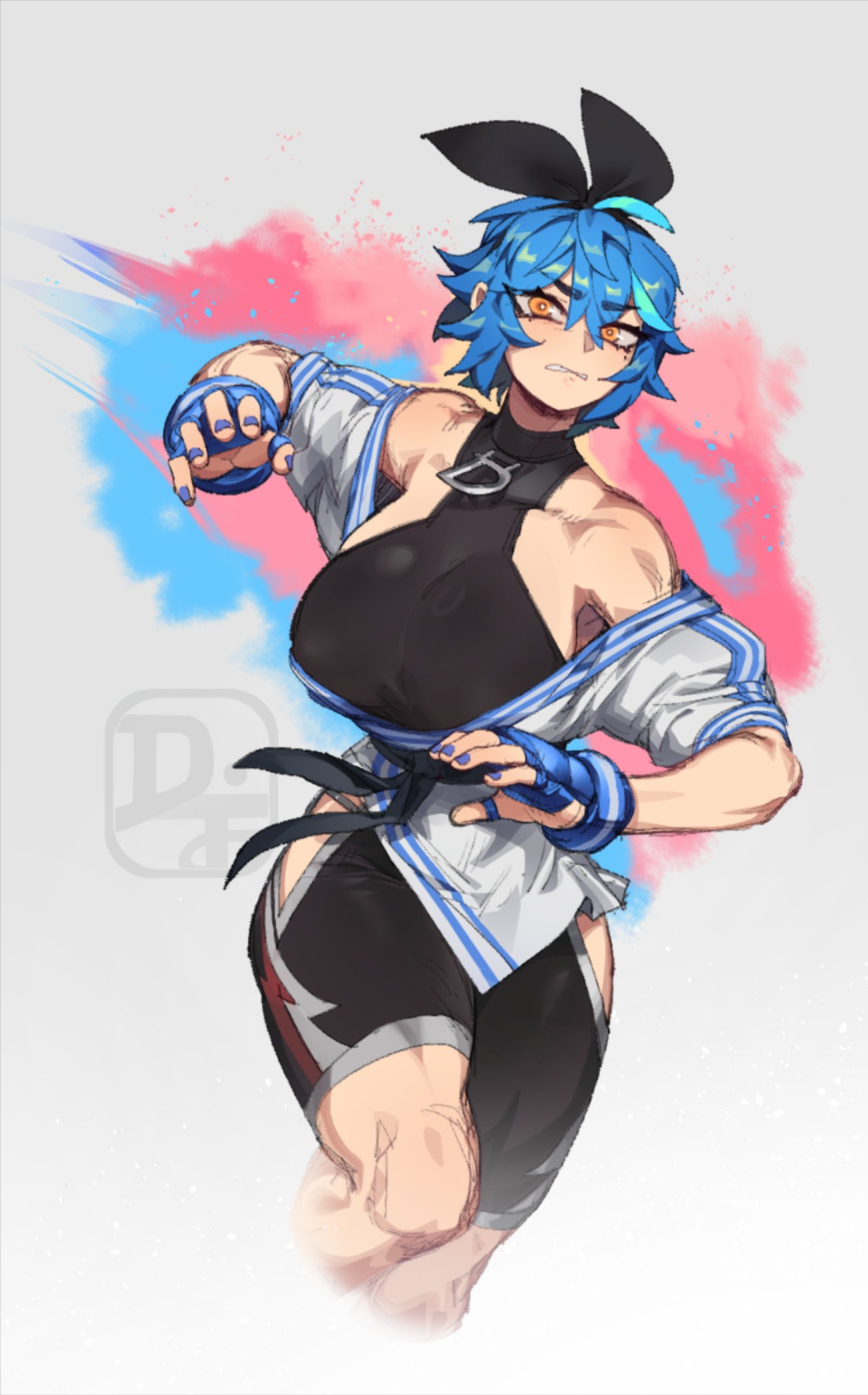 1girl, ahoge, belt, black_belt, black_bow, black_unitard, blue_gloves, blue_hair