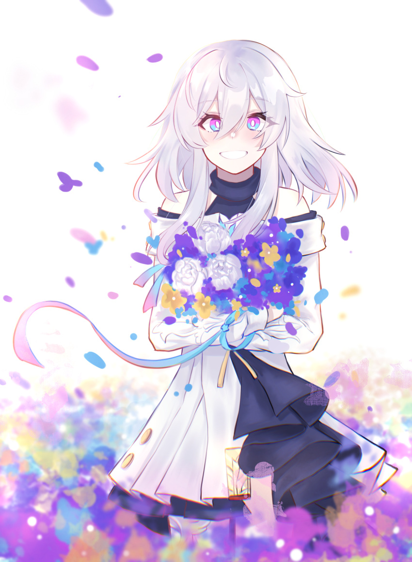 1girl, bare_shoulders, black_dress, blue_eyes, blush, dress, eileen_(honkai:_star_rail), flower
