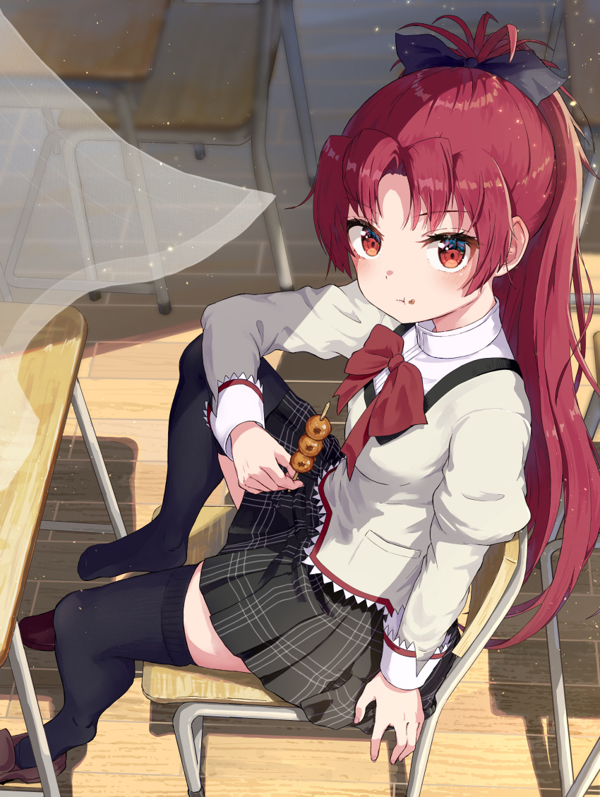 1girl, absurdres, black_bow, black_thighhighs, blush, bow, bowtie, classroom