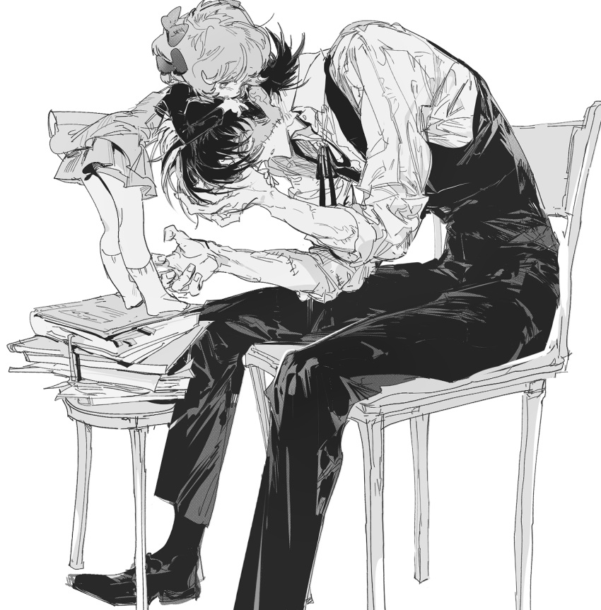 1boy, 1girl, black_footwear, black_hair, black_jack_(character), black_jack_(series), black_pants, book, bow, chair, dress, gek3y, greyscale, hair_bow, highres, leaning, monochrome, pants, pinoko, short_hair, sitting, socks, stitched_face, stitches, stool, white_background