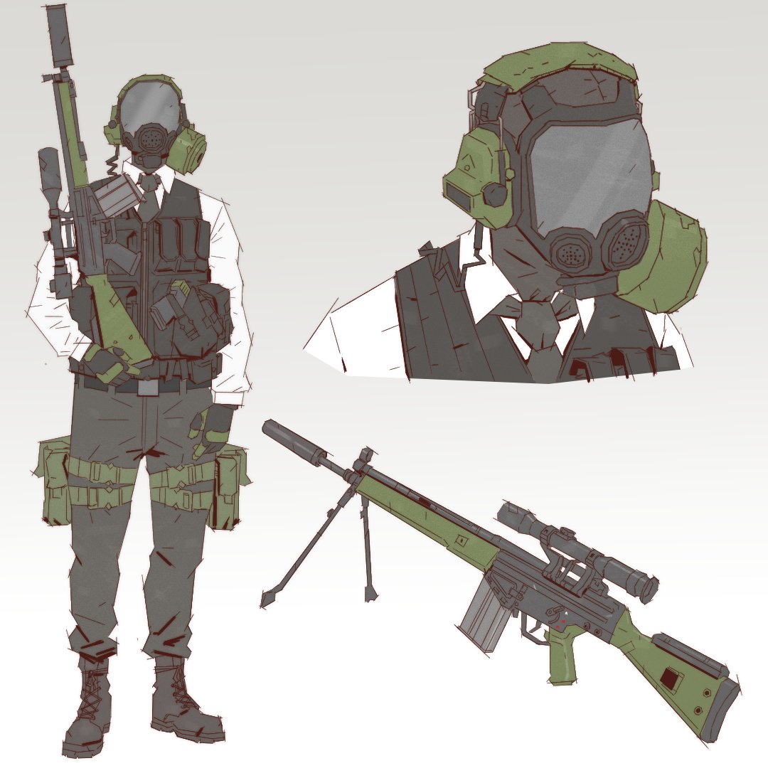 1boy, ammunition_pouch, assault_rifle, belt, bipod, gas_mask, gloves, gun