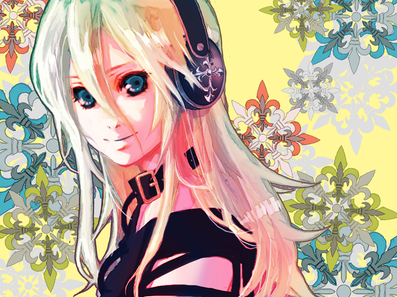 blue_eyes, choker, gradient_hair, headphones, ine_(namichidori), lily_(vocaloid), multicolored_hair, smile