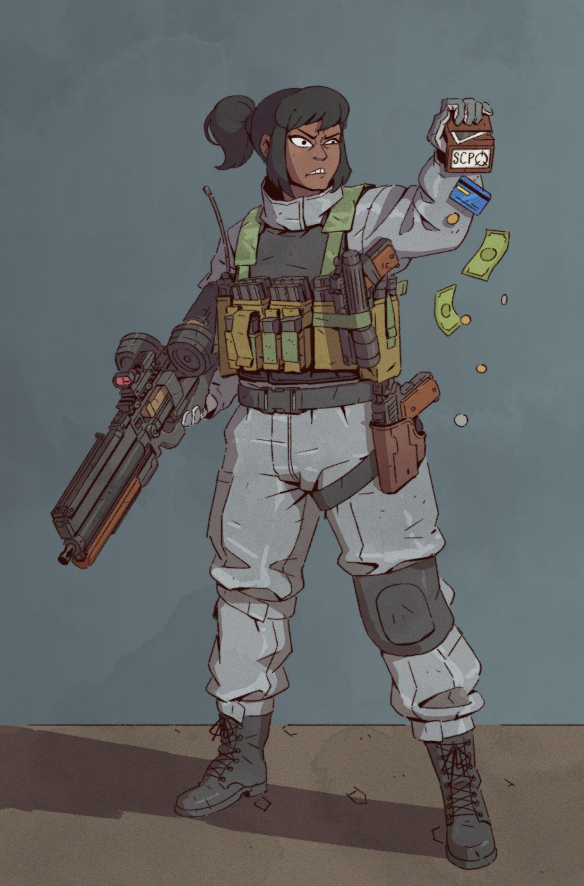 1girl, ammunition_pouch, badge, black_hair, boots, bullpup, card, coin