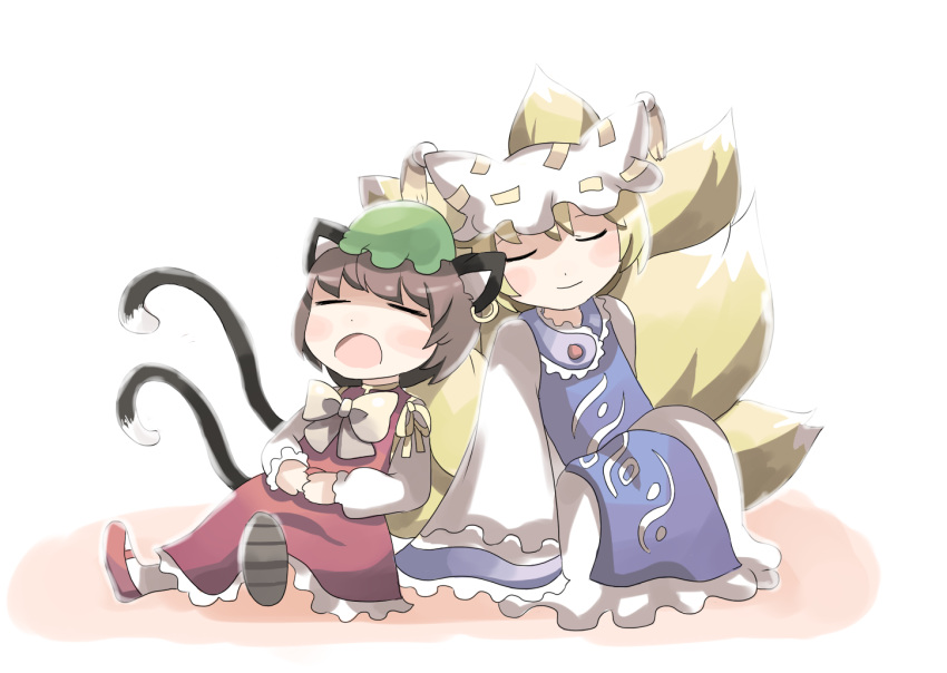 animal_ears, back-to-back, blonde_hair, brown_hair, cat_ears, cat_tail, chen, chibi