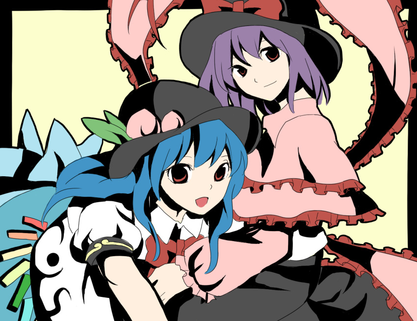 blue_eyes, blue_hair, hat, hinanawi_tenshi, nagae_iku, peach, purple_hair, red_eyes
