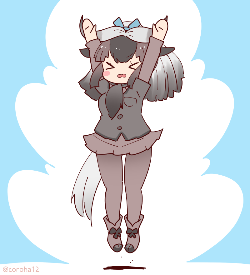 1girl, animal_ears, arms_up, black_hair, black_wildebeest_(kemono_friends), blue_background, coroha, cow_ears