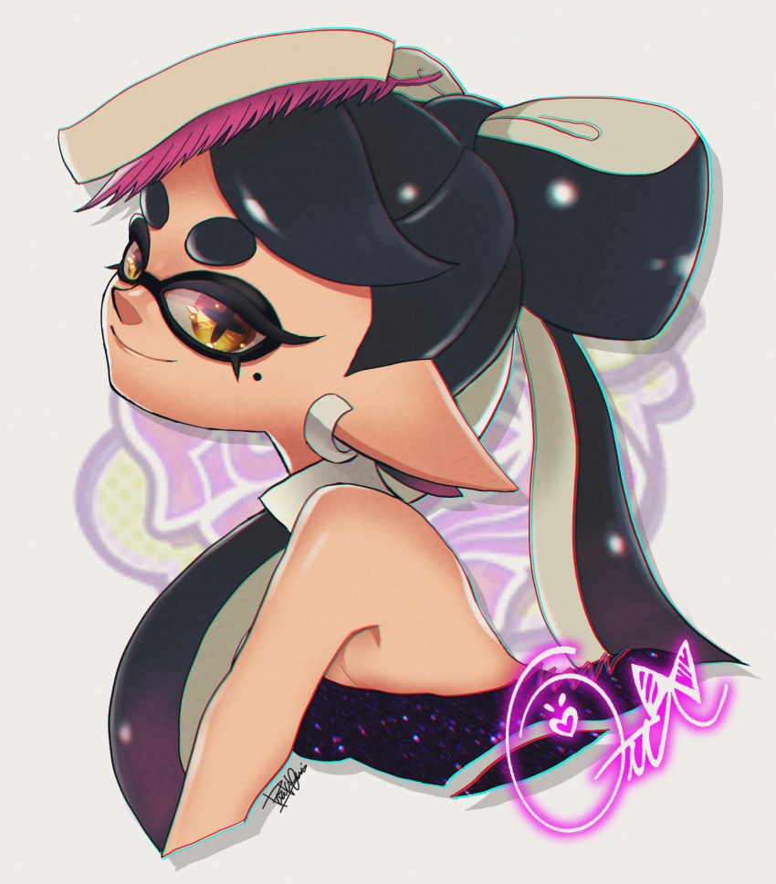 +_+, 1girl, bare_arms, bare_shoulders, black_hair, black_jumpsuit, breasts, callie_(splatoon)