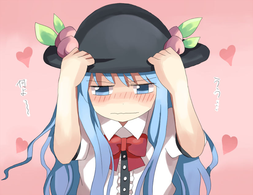 blue_eyes, blue_hair, blush, hat, hinanawi_tenshi, peach, touhou, uiru