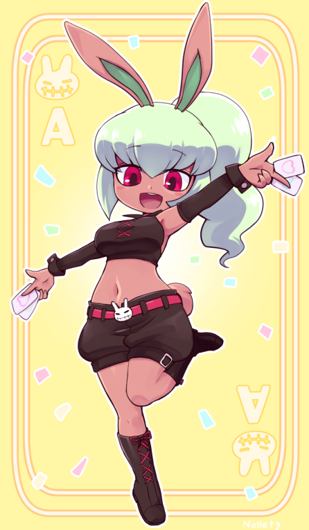 1girl, animal_ears, blush, boots, breasts, bunny_mint, card, detached_sleeves
