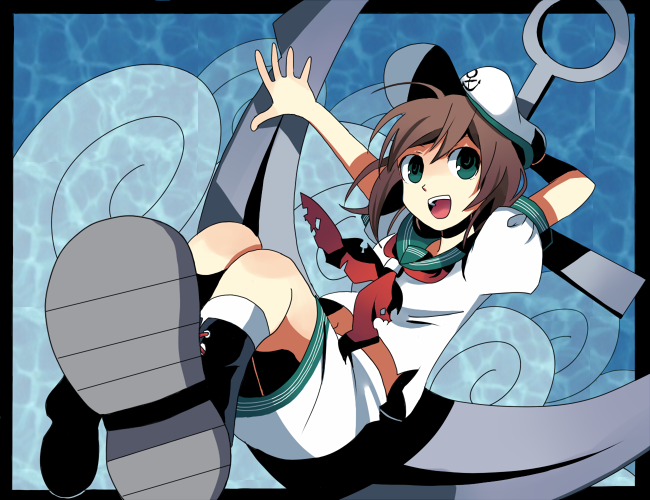 anchor, brown_hair, green_eyes, murasa_minamitsu, sailor, sailor_collar, sailor_hat, sailor_suit