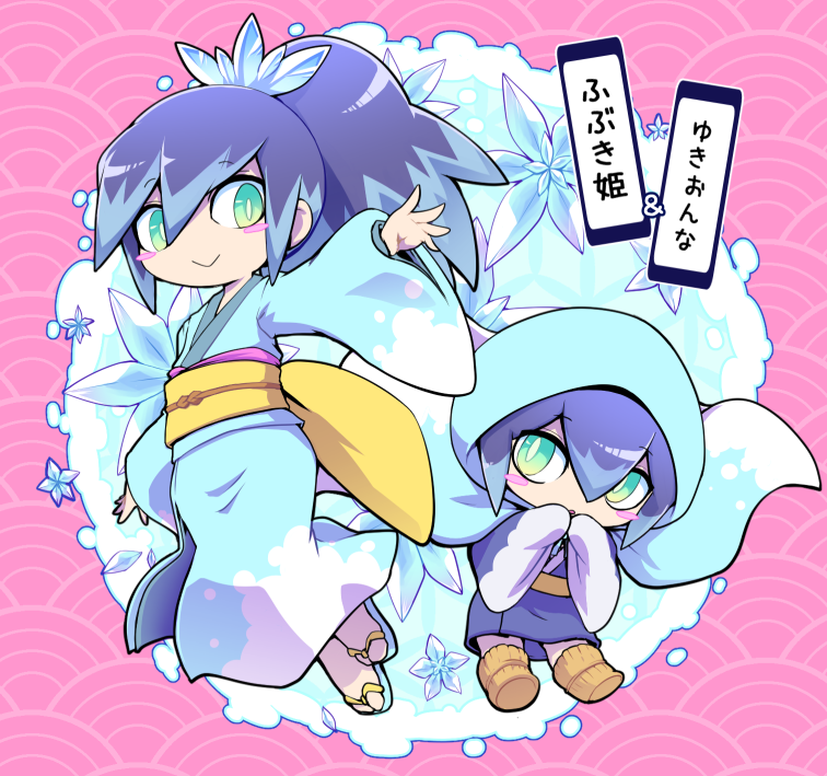 2girls, blue_hair, blush_stickers, fubukihime, green_eyes, high_ponytail, hood, japanese_clothes, kimono, long_hair, looking_at_viewer, multicolored_hair, multiple_girls, nollety, purple_hair, seigaiha, sleeves_past_fingers, sleeves_past_wrists, smile, two-tone_hair, youkai_(youkai_watch), youkai_watch, yukionna_(youkai_watch), zouri