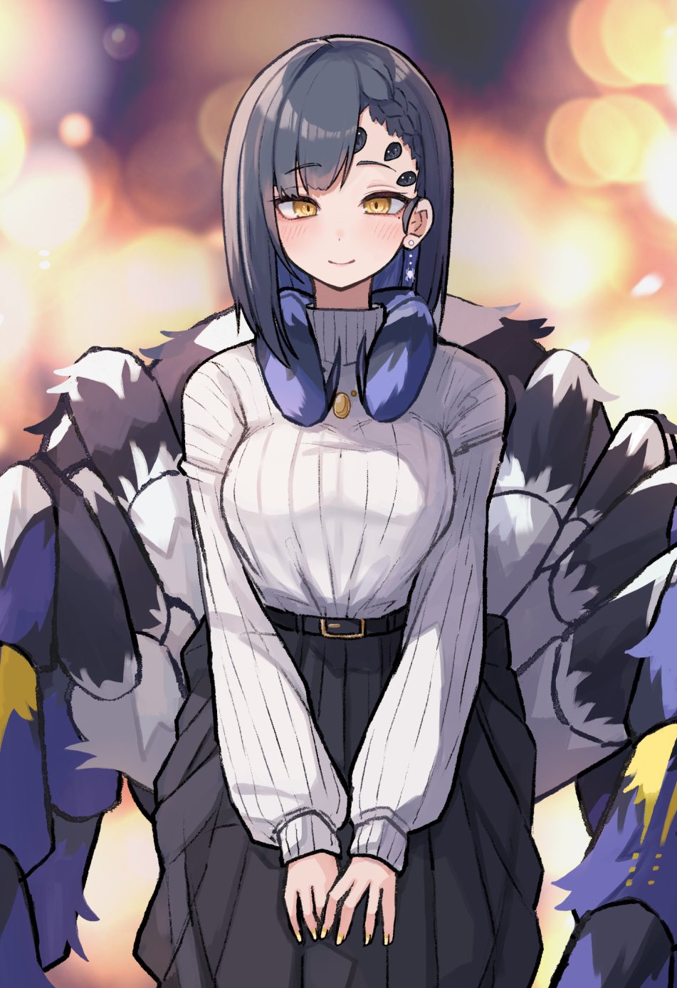 1girl, aoi_rika, arthropod_girl, asymmetrical_bangs, asymmetrical_hair, backgro, blue_hair, blunt_bangs, braid, breasts, dark_blue_hair, ear_piercing, extra_eyes, gold_necklace, highres, jewelry, large_breasts, looking_at_viewer, medium_hair, mole, mole_under_eye, monster_girl, necklace, piercing, plan_(planhaplalan), single_braid, solo, spider_girl, striped, striped_sweater, sweater, yellow_eyes