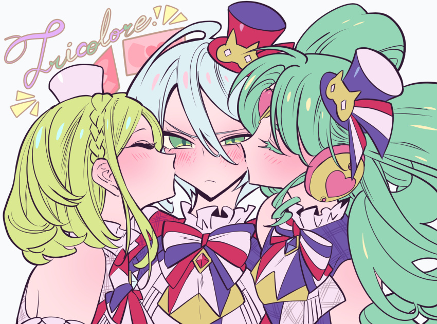 3girls, bare_shoulders, blonde_hair, blush, bow, braid, closed_eyes, closed_mouth, colored_eyelashes, crown_braid, drill_hair, embarrassed, facing_another, falulu, forehead_jewel, frown, furrowed_brow, girl_sandwich, green_eyes, green_hair, grey_hair, hair_between_eyes, hat, headphones, highres, idol_clothes, kiss, kissing_cheek, long_hair, looking_at_viewer, meremero, midorikaze_fuwari, mini_hat, mini_top_hat, multiple_girls, pretty_series, pripara, priticket, profile, reverse_trap, sandwiched, shikyoin_hibiki, short_hair, sidelocks, striped, striped_bow, top_hat, twin_drills, upper_body, yuri