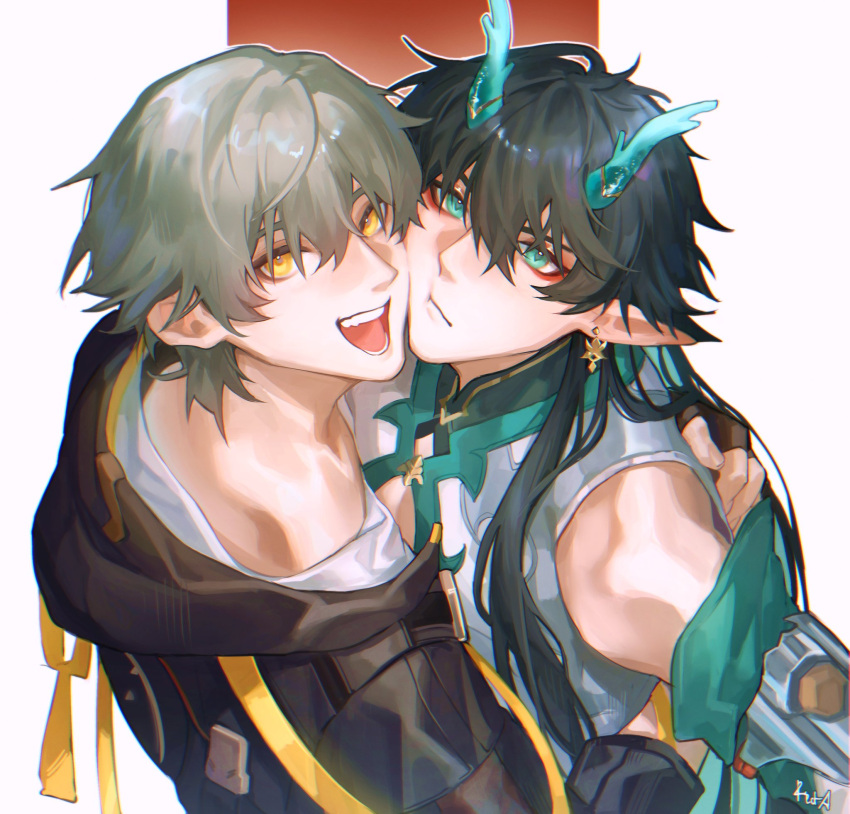 2boys, astral_express_(honkai:_star_rail), breast_press, caelus_(honkai:_star_rail), cheek-to-cheek, cheek_press, chinese_clothes, dan_heng_(honkai:_star_rail)