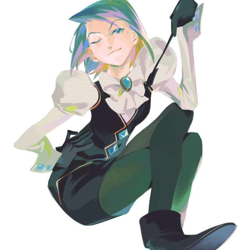 1girl, 7zhby, absurdres, ace_attorney, ascot, black_vest, franziska_von_karma, gavel, gloves, highres, holding, holding_whip, juliet_sleeves, long_sleeves, mole, mole_under_eye, one_eye_closed, pantyhose, pencil_skirt, phoenix_wright:_ace_attorney_-_justice_for_all, puffy_sleeves, skirt, solo, twisted_hair, vest, whip