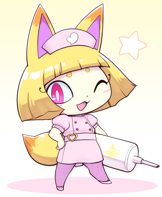 1girl, animal_ears, blonde_hair, blunt_bangs, bob_cut, fox_ears, fox_tail, full_body