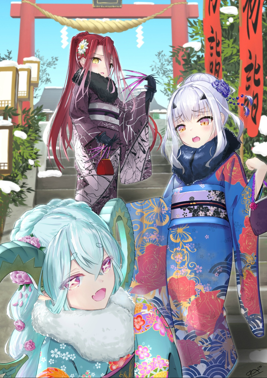 3girls, animal_ears, aqua_hair, asobeco, black_eyes, blush, braid, breasts