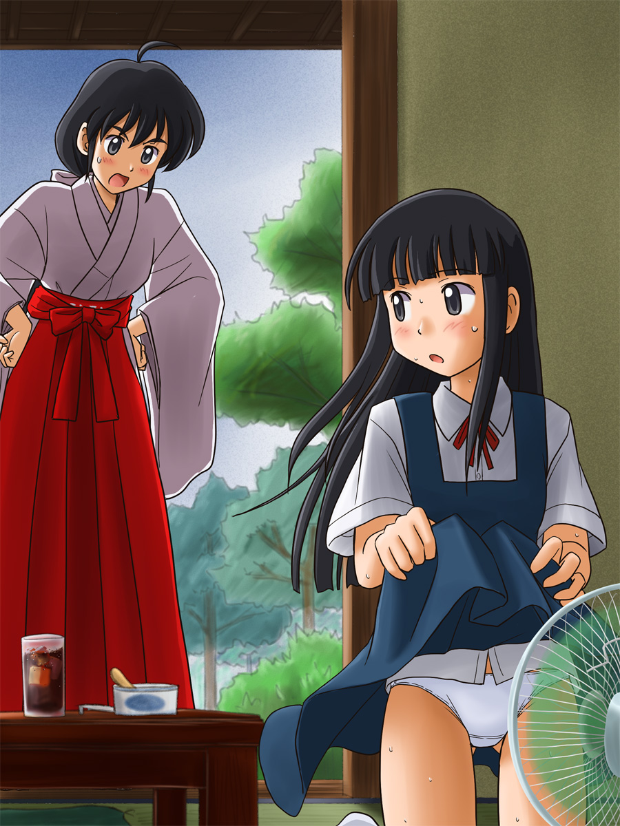 black_hair, blush, electric_fan, hands_on_hips, highres, hot, japanese_clothes, kneeling