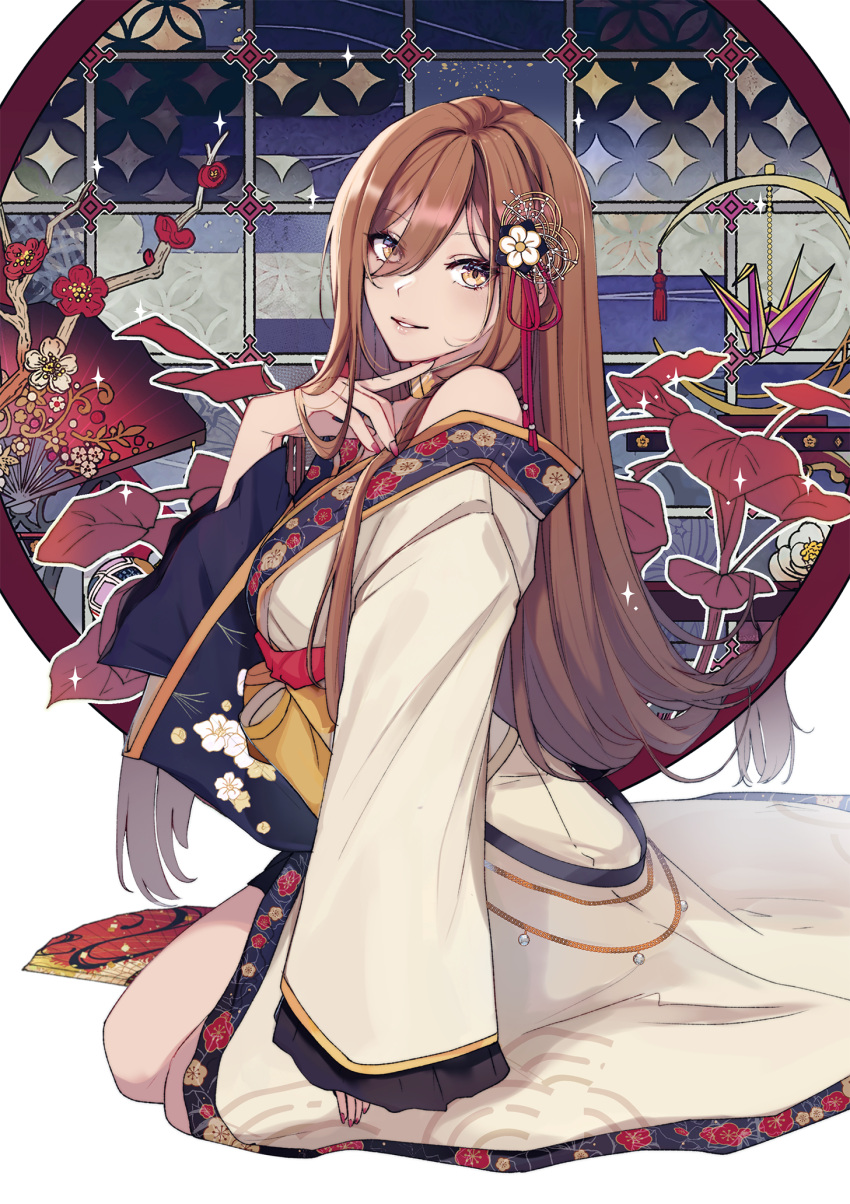 1girl, brown_eyes, brown_hair, brown_kimono, cherry_blossom_print, crescent_moon, finger_to_own_chin, floral_print