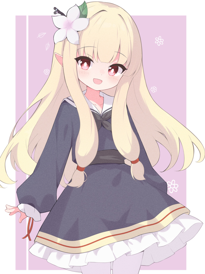 1girl, :d, absurdres, blonde_hair, commission, cowboy_shot, dress, flower, hair_flower, hair_ornament, highres, loli, long_hair, open_mouth, original, pantyhose, pixiv_commission, purple_background, red_eyes, rokukarashi, smile, solo, very_long_hair, white_pantyhose
