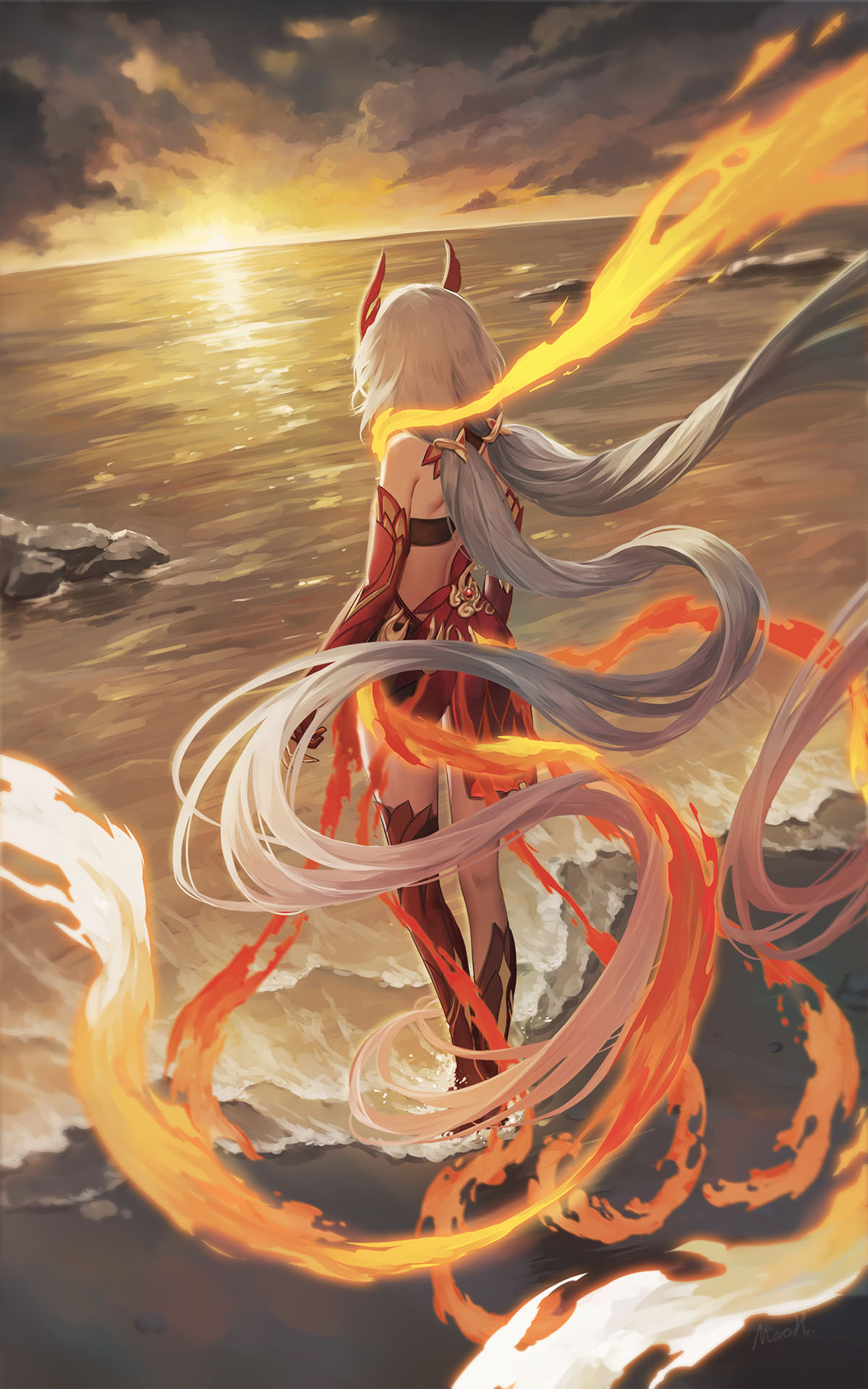 1girl, absurdly_long_hair, animal_hands, animal_legs, back, bare_shoulders, beach, black_shorts