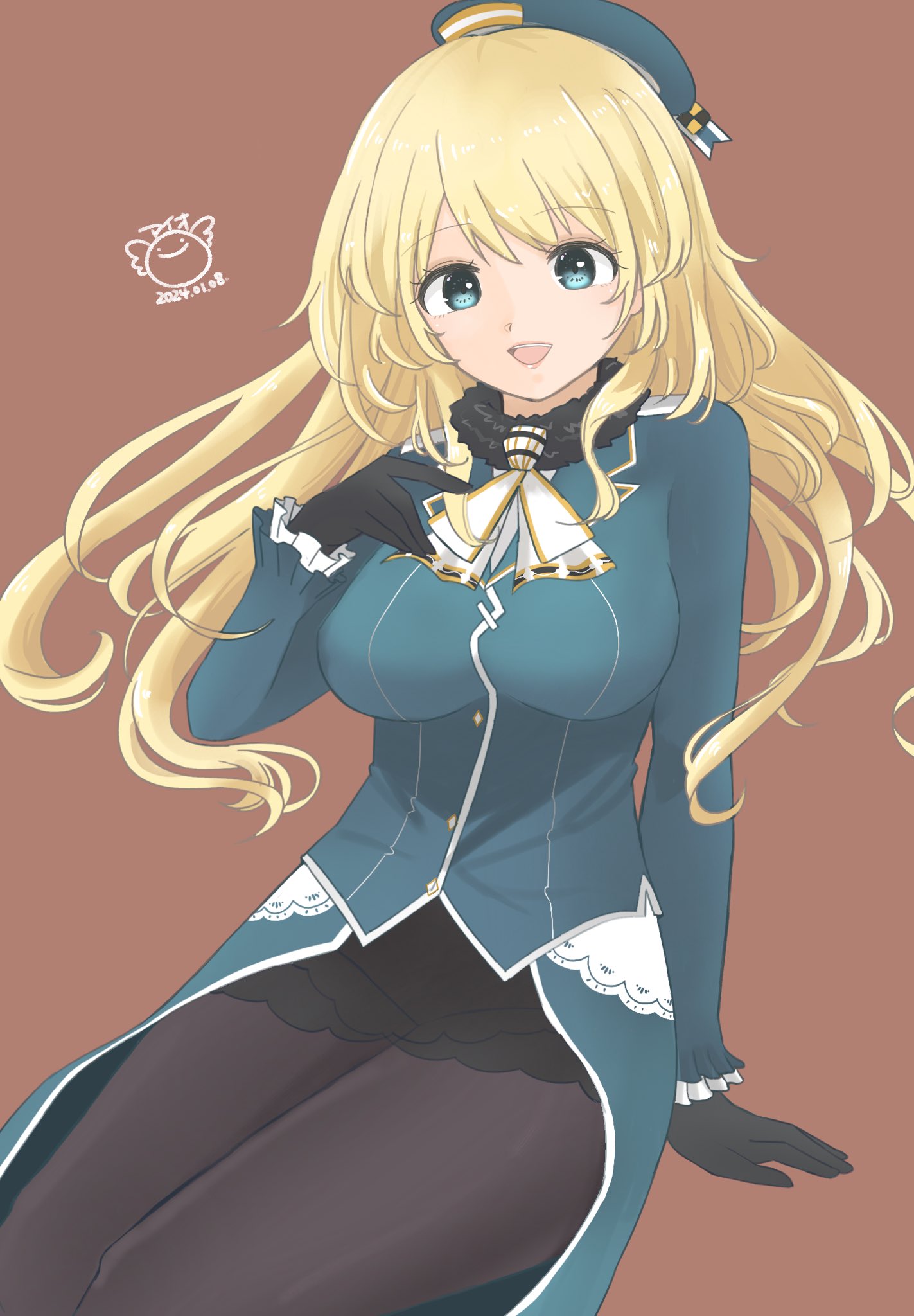 1girl, aio, ascot, atago_(kancolle), beret, black_gloves, black_pantyhose, black_skirt, blonde_hair, blue_eyes, blue_headwear, blue_shirt, brown_background, gloves, hat, highres, invisible_chair, kantai_collection, long_hair, one-hour_drawing_challenge, overskirt, pantyhose, shirt, sitting, skirt, solo, white_ascot