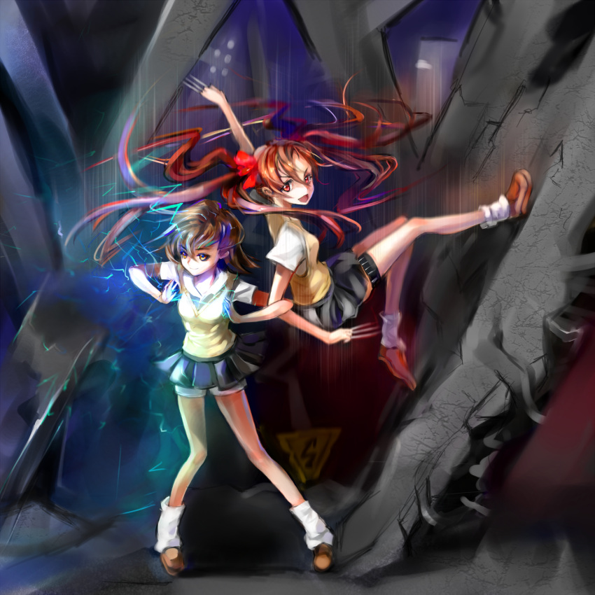 arms_locked, biribiri, bow, brown_eyes, brown_hair, electricity, hair_bow, highres